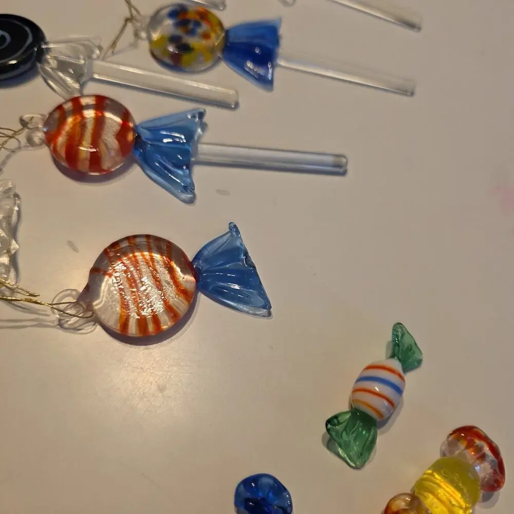 Set of 14 Vintage Murano Style Blown Glass Lollipop Ornament Christmas Candy Art